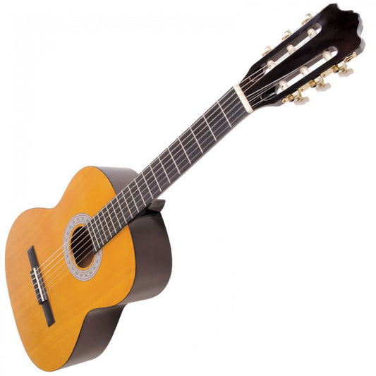 Classical guitar with a brown body and black neck on a white background