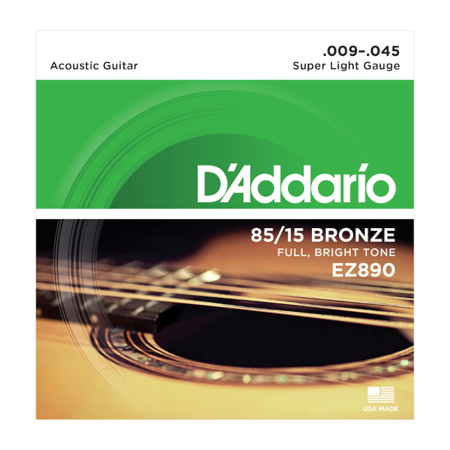 D'Addario acoustic guitar string set packaging with branding and product details.