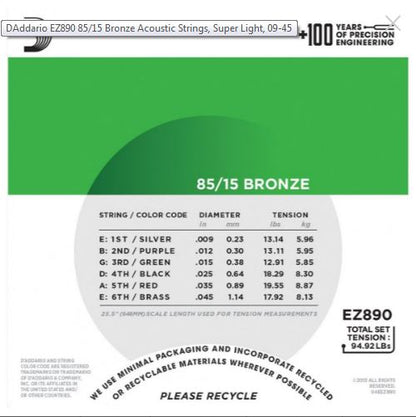 D'Addario EZ890 85/15 Bronze acoustic strings packaging with specifications.