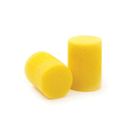 Two yellow earplugs on a white background