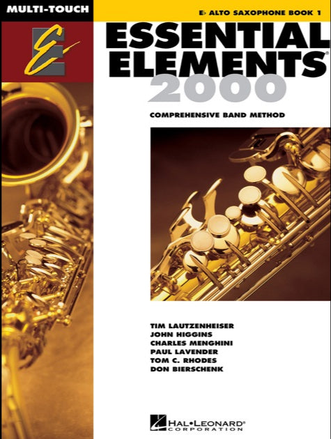 Book cover of 'Essential Elements 2000' for E-flat alto saxophone with saxophone images on a yellow background.