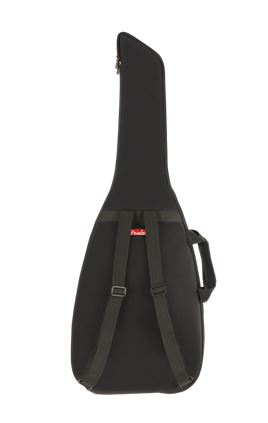 Black guitar case with a visible brand logo on a white background