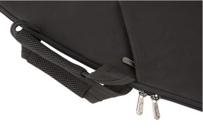 Close-up of a black bag with a strap and zipper on a white background
