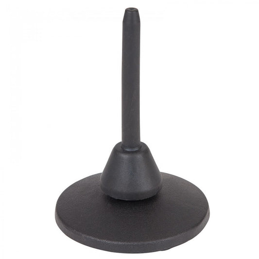 Black metal, plastic and rubber flute and clarinet stand with a heavy round base on a white background