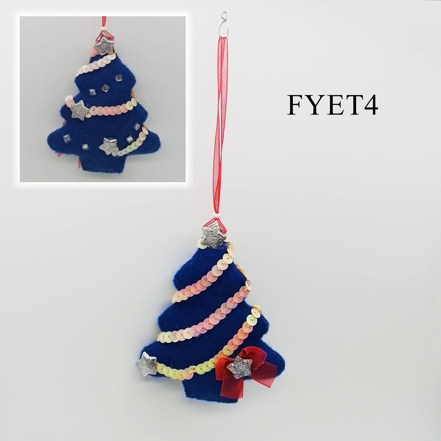 This unique and eye-catching decoration is made of blue felt and features a beautiful arrangement of sequins, silver stars, square crystal rhinestone and a striking red bow.