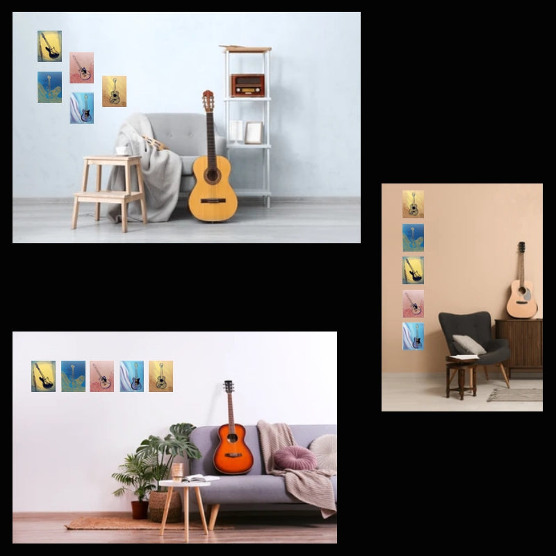 Collage of living room scenes with guitars and wall art