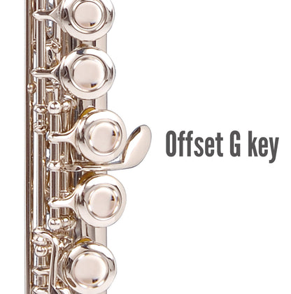 Close-up of a flute with an Offset G key on a white background