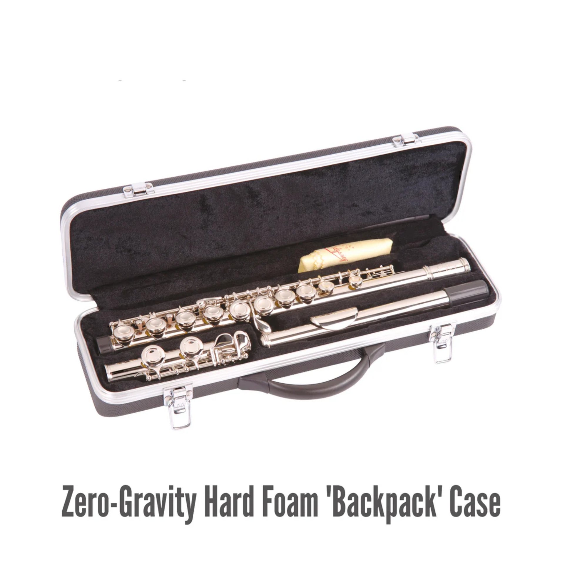 Flute in a zero-gravity hard foam 'backpack' case on a white background