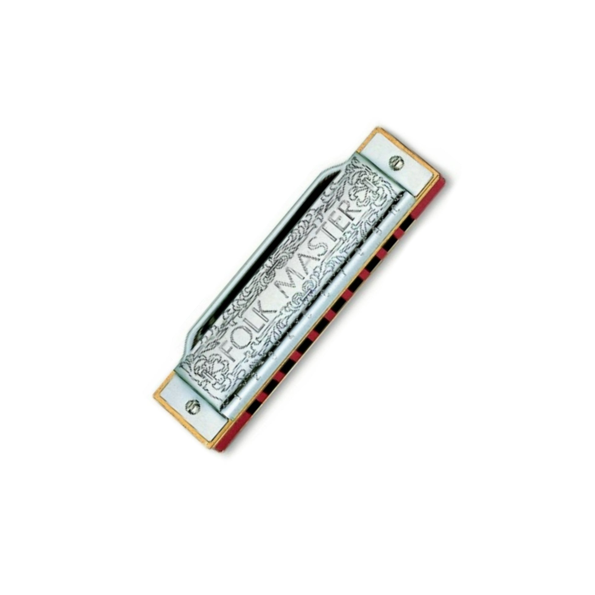 Folk Master harmonica with metallic finish on white background