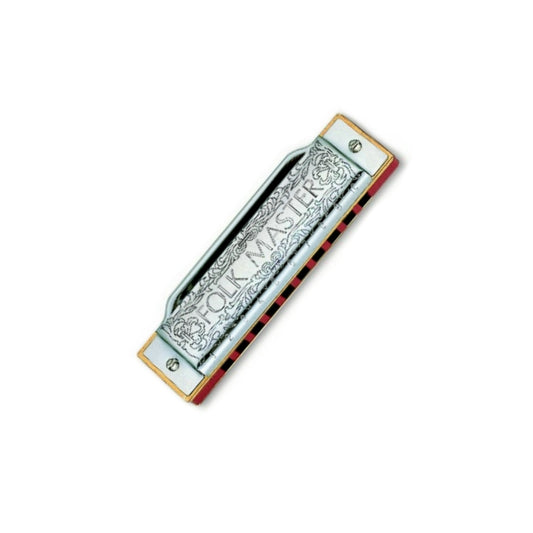 Folk Master harmonica with metallic finish on white background