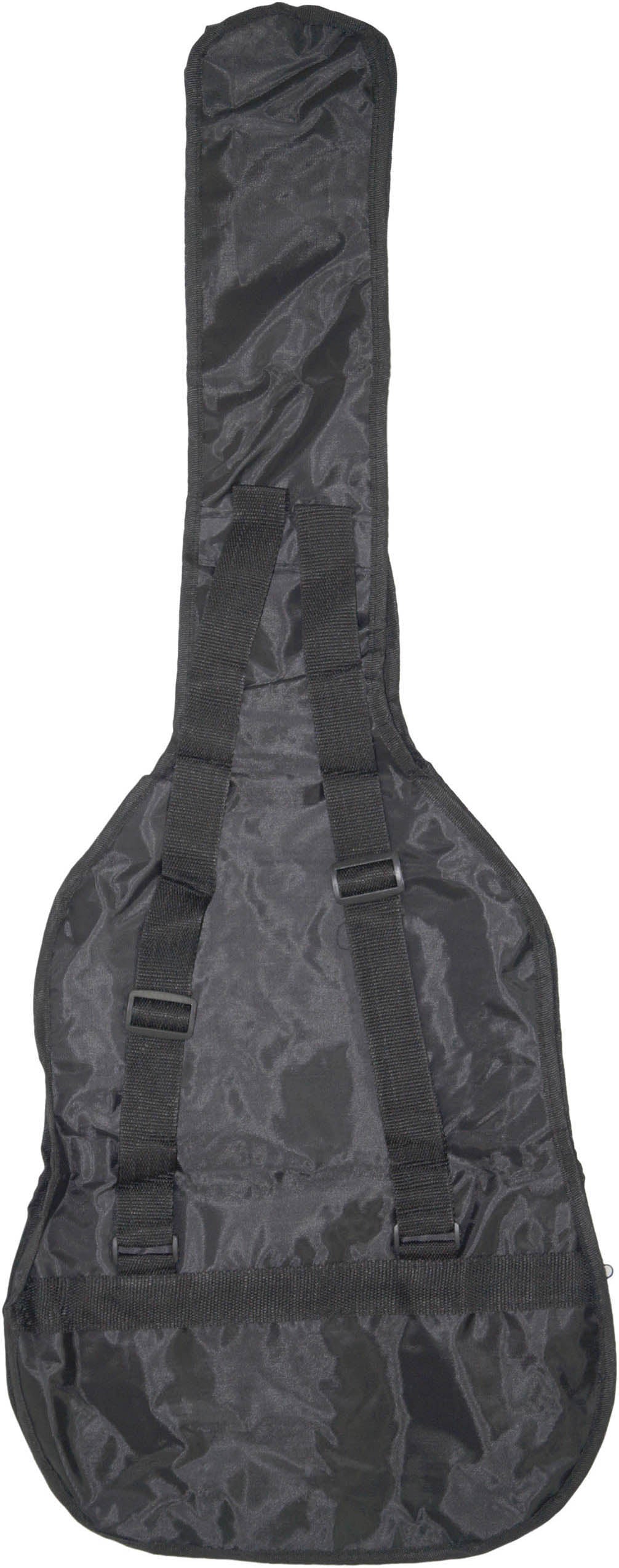 Black guitar case with back straps on a white background