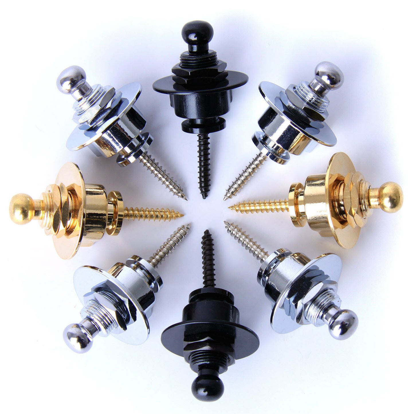 Set of guitar abs bass guitar strap lock in gold, silver, and black on a white background