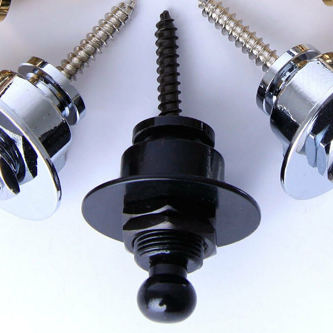 Close-up of black guitar strap lock on a white background