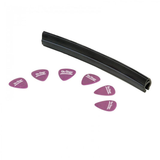 Black guitar pick holder with purple picks on a white background
