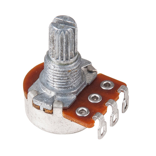 Potentiometer with metal shaft and brown plastic casing on a white background