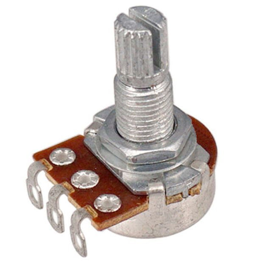 Potentiometer with metal shaft and brown base on a white background