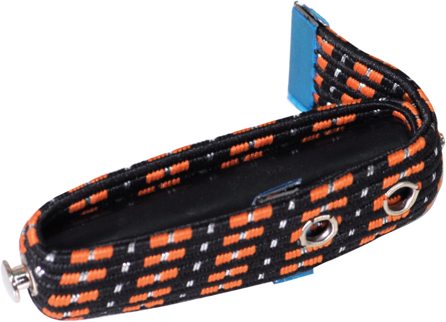 Black and orange woven strap which wraps around the neck of the guitar, with metal loops to adjust pressure on the neck - on a white background