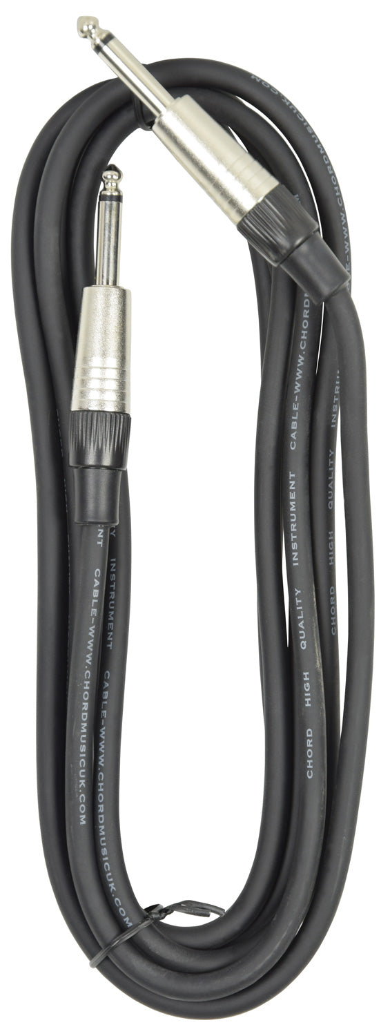 Black audio cable with silver connectors on a white background