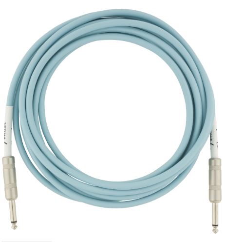 Light blue guitar cable with silver connectors on a white background