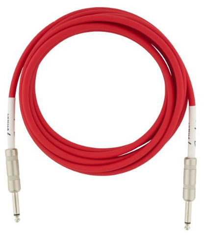 Red audio cable with silver connectors on a white background