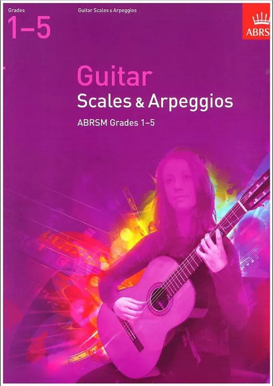 Music book cover for 'Guitar Scales & Arpeggios' by ABRSM with a guitar player on a purple background.