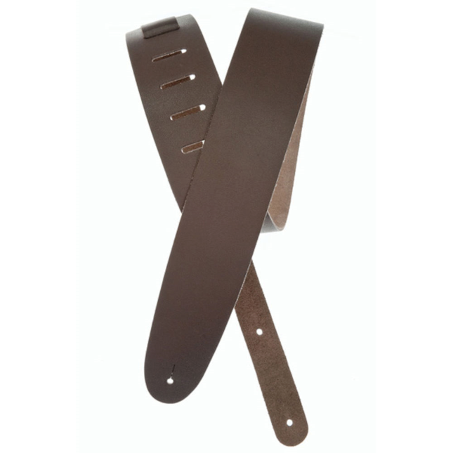 Brown leather guitar strap on a white background