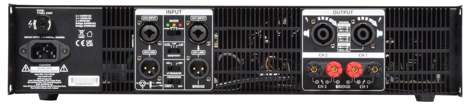 Back view of an electronic equipment unit with various connectors and labels.