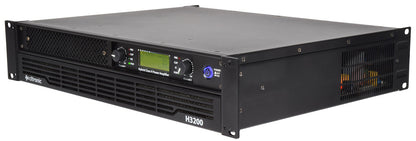 Black audio amplifier with digital display on a white background