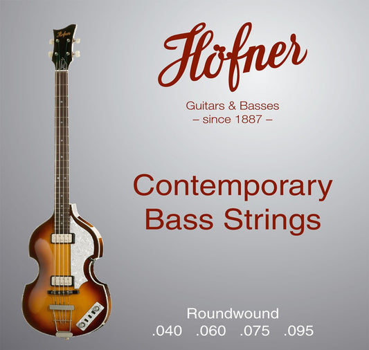 Hofner bass guitar with text about contemporary bass strings on a gray background