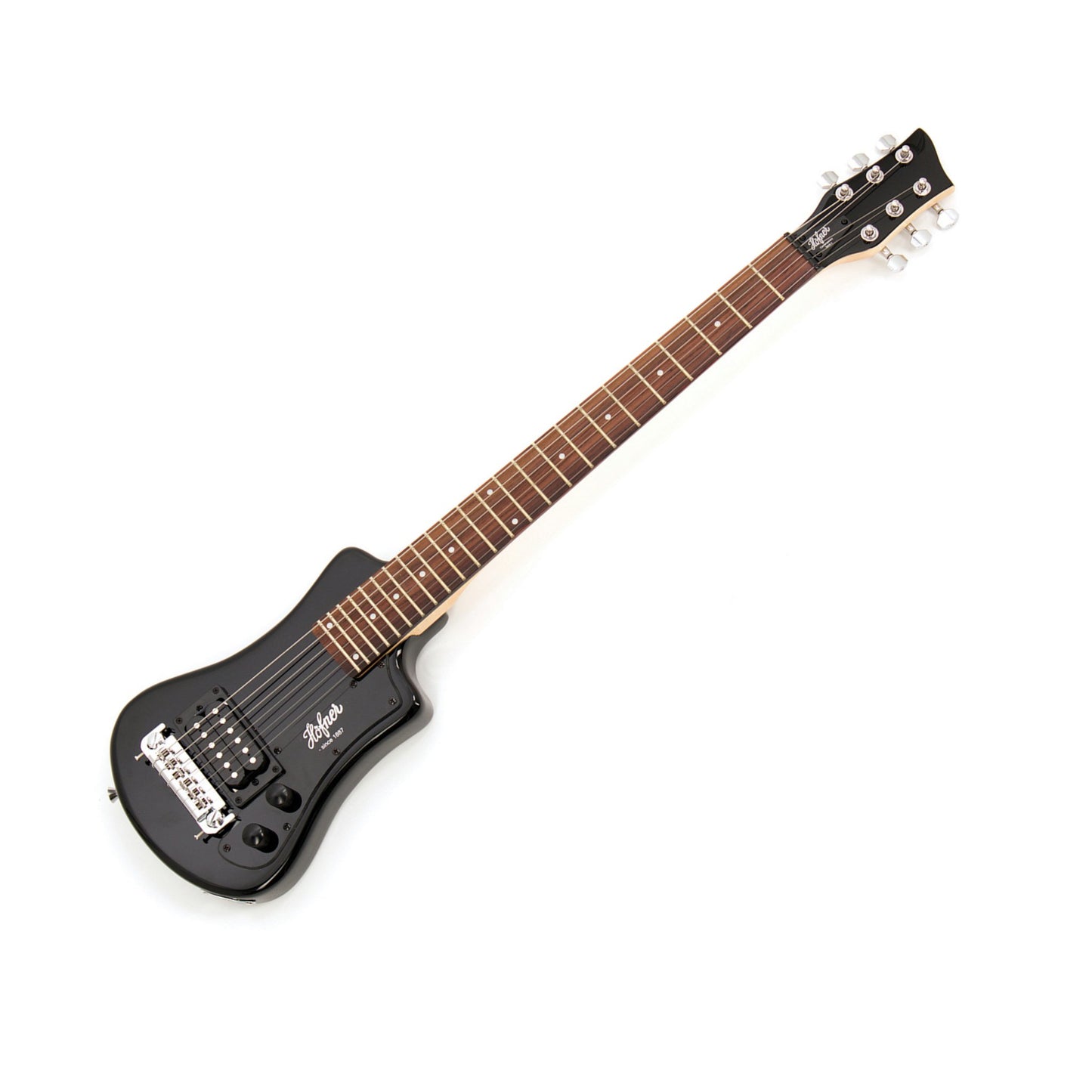 Black electric guitar with a small body and full size neck. Silver hardware and black knobs and pick up - on a white background.