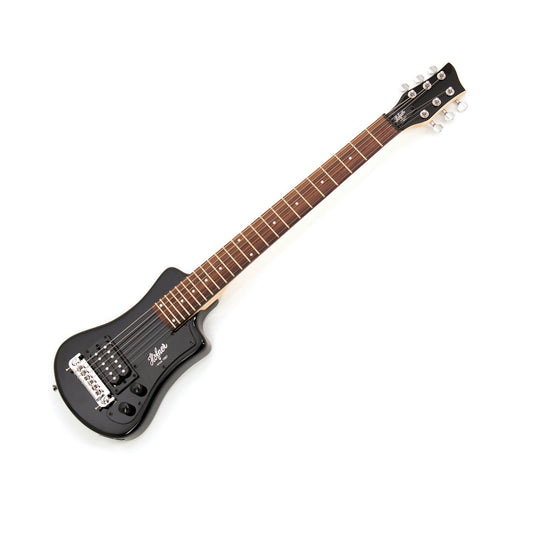 Black electric guitar with a small body and full size neck. Silver hardware and black knobs and pick up - on a white background.
