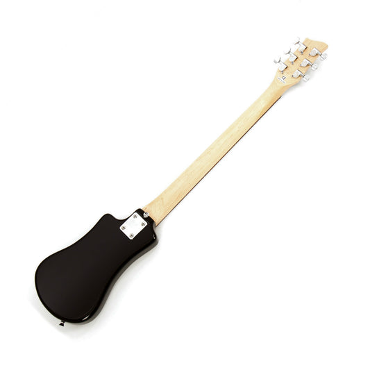 Back of a black electric guitar  with light wood neck, on a white background