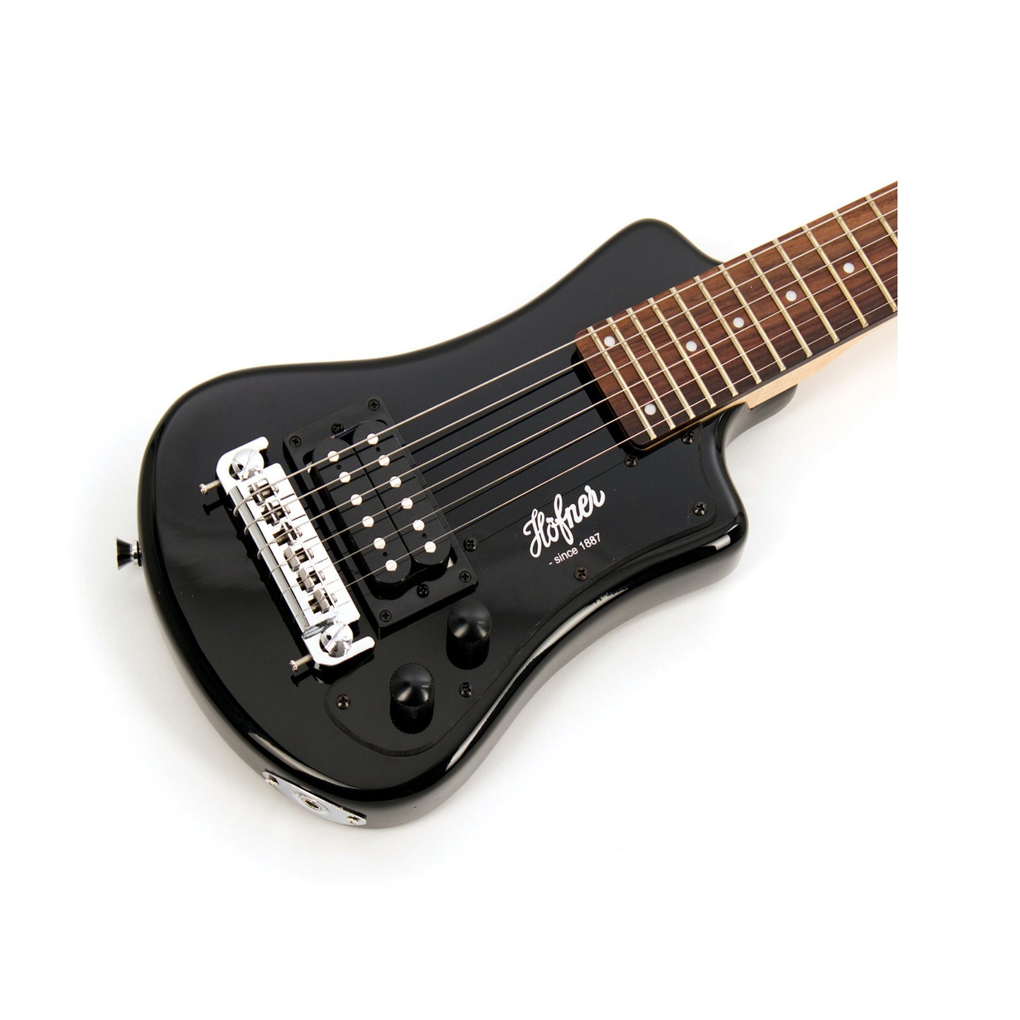 Black electric guitar with 'Lofner' branding on a white background