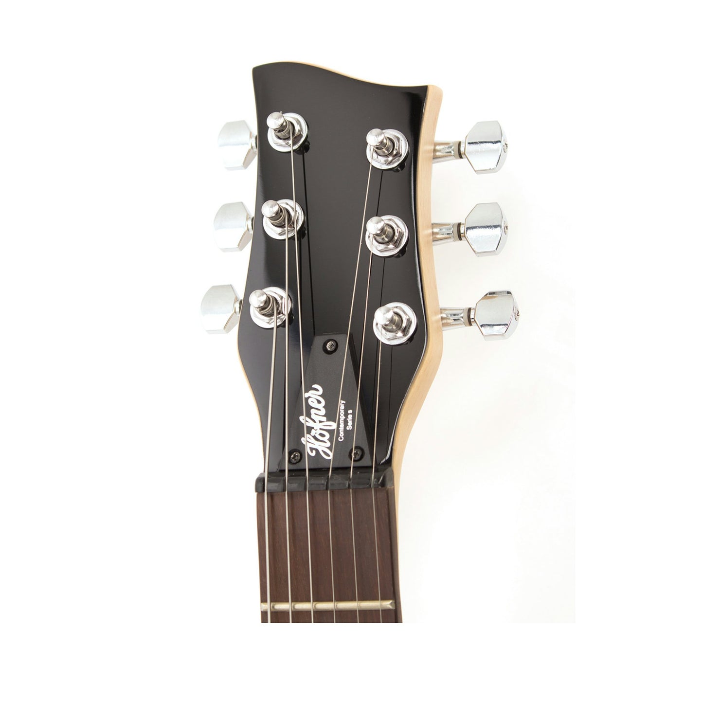 Guitar headstock with nickel tuning pegs on a white background