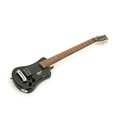 Black electric guitar with a white background - the jack input  lives on this side.
note: this is the side facing the floor