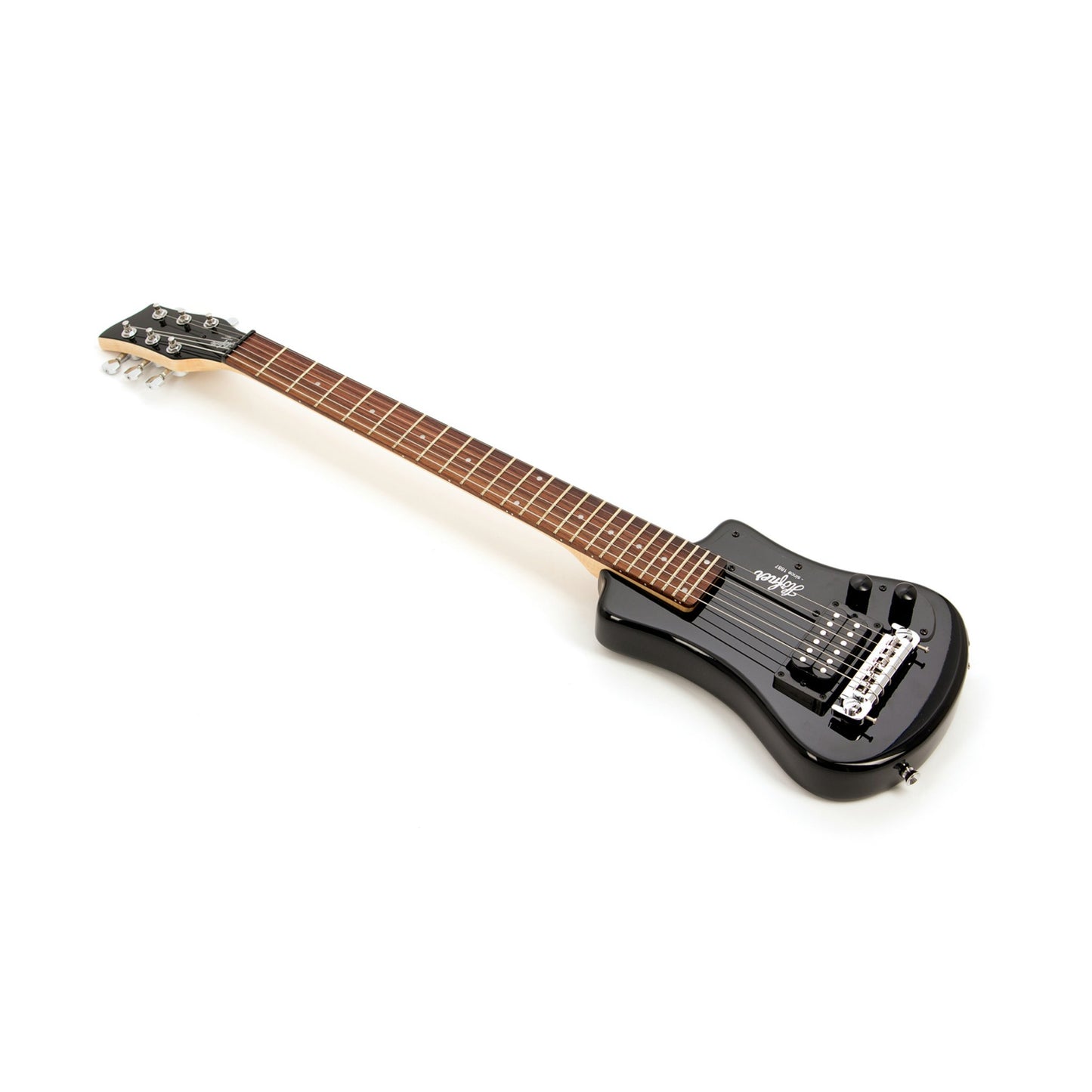 Black electric guitar with a white background. the strap pin lives on this side.
note: this is the side of the guitar facing the player