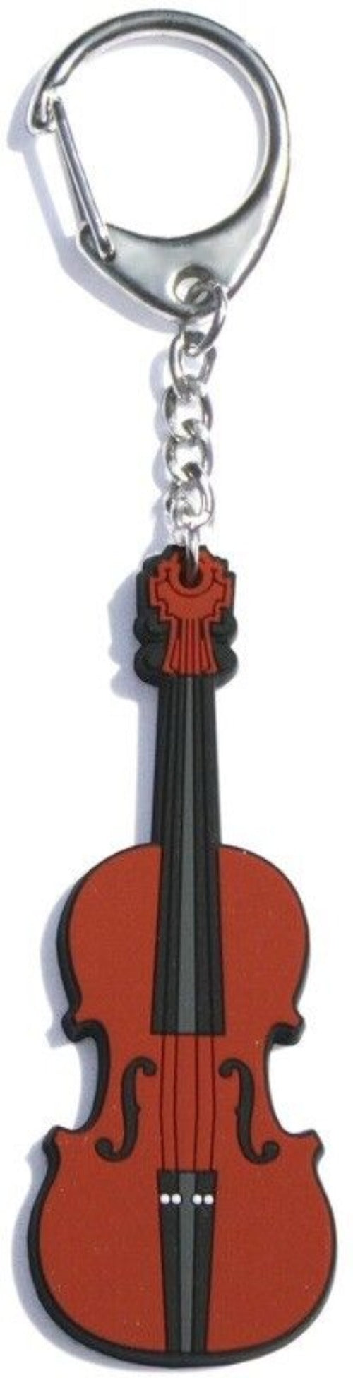 Violin-shaped keyring with a metal clip on a white background
