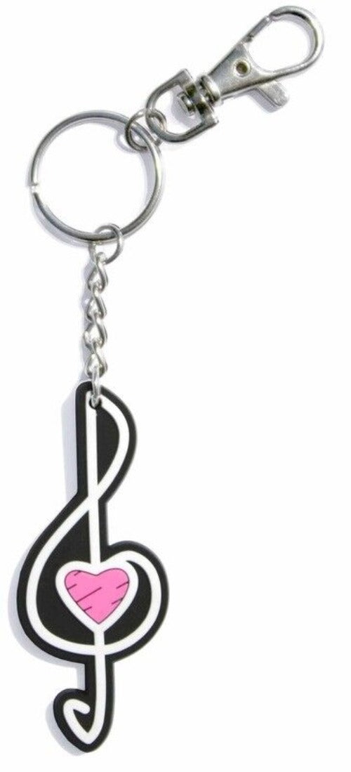 Keychain with music note design featuring a pink heart on a white background