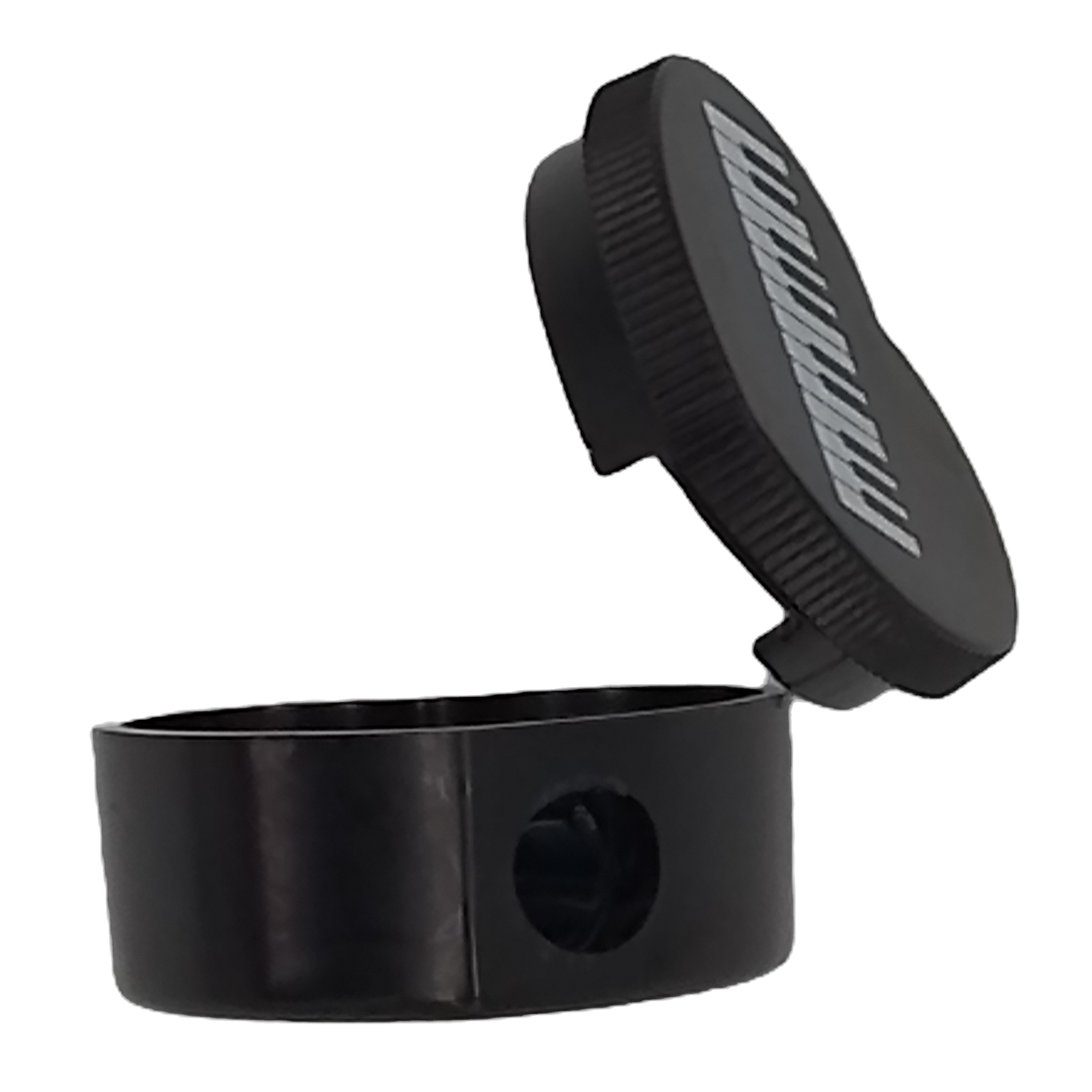 Black small container with a lid and a circular hole to insert the pencil.