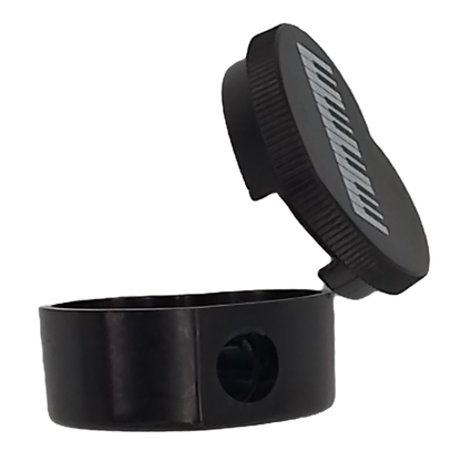 Black small container with a lid and a circular hole to insert the pencil.