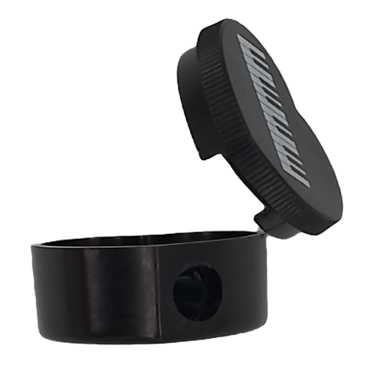Black small container with a lid and a circular hole to insert the pencil.