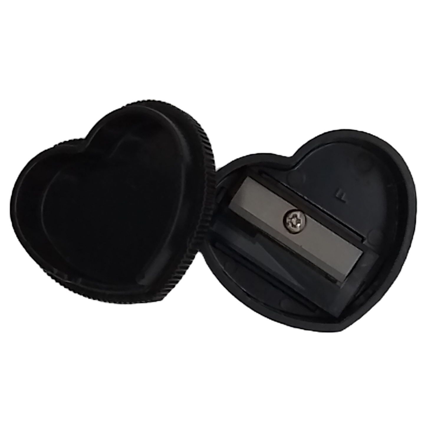 Black heart-shaped case with a black sharpener inside