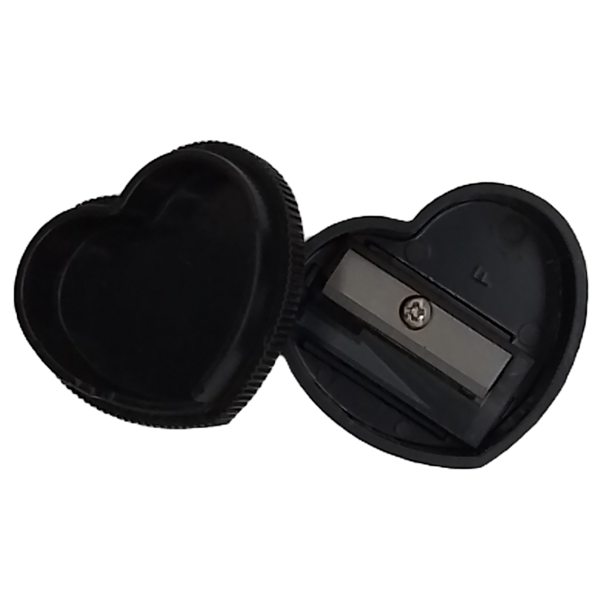 Black heart-shaped case with a black sharpener inside