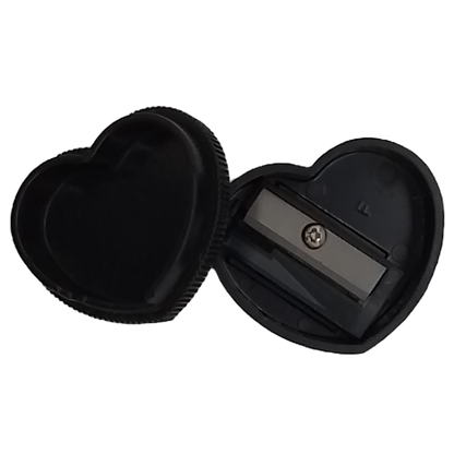 Black heart-shaped case with a black sharpener inside