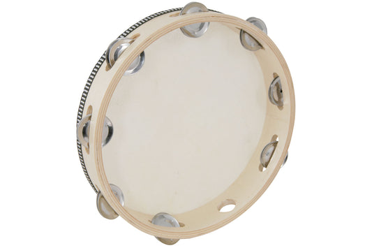 Tambourine with skin - light coloured and wood and silver jingles 