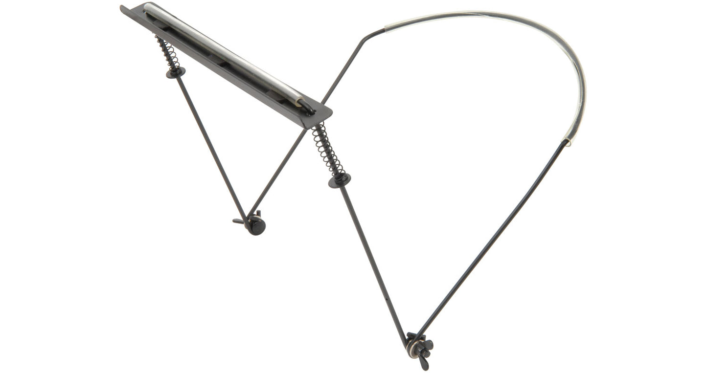 A metal spring-loaded frame, one side goes behind the neck and on the other extremity the armonica.  