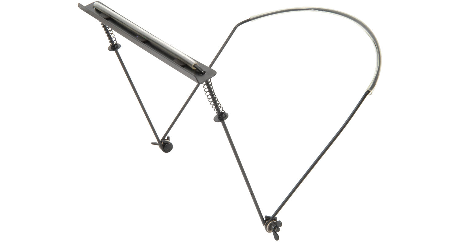 A metal spring-loaded frame, one side goes behind the neck and on the other extremity the armonica.  