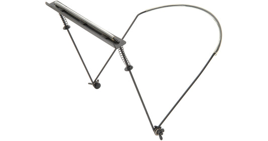 A metal spring-loaded frame, one side goes behind the neck and on the other extremity the armonica.  