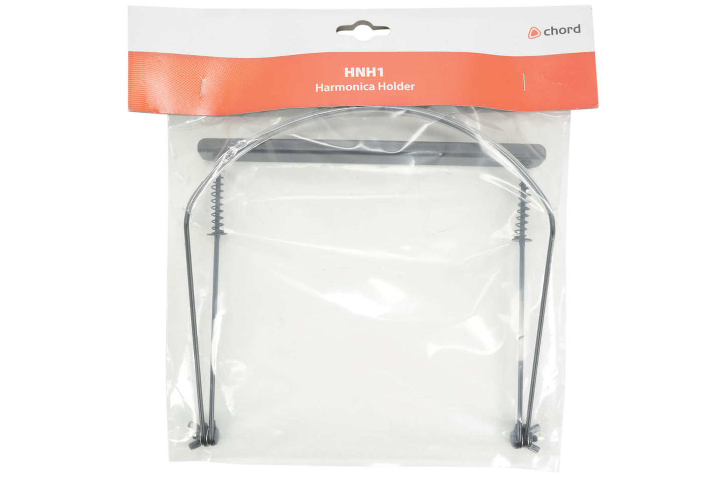 Harmonica holder in clear packaging with orange label on a white background