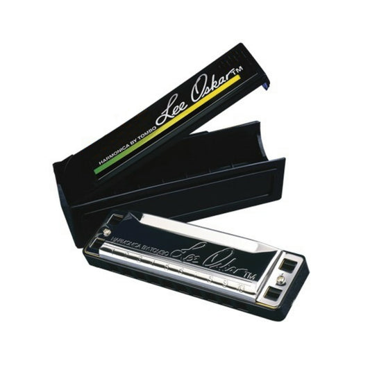 Lee Oskar harmonica with black case on a white background